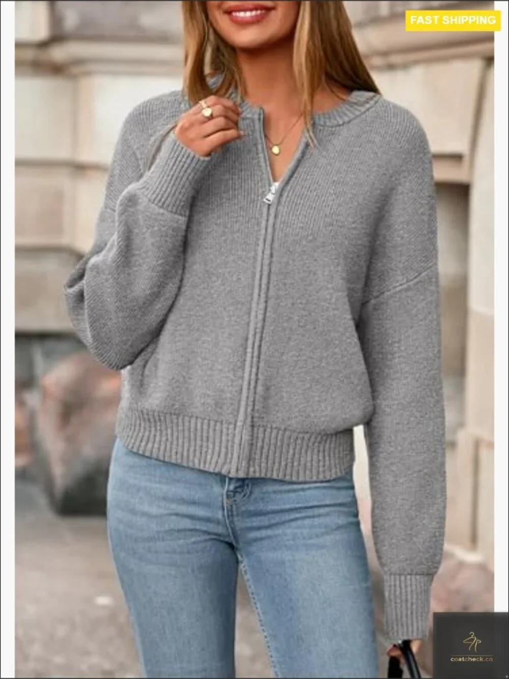 Chunky Knit Zipper Cardigan Open Front Long Sleeve Cropped Sweater Coat
